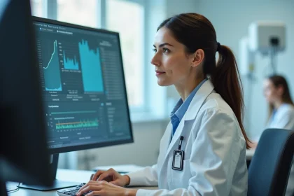 Physicienne médicale utilisant un logiciel de gestion de dosimétrie sur un écran d'ordinateur dans un service de radiologie hospitalier
