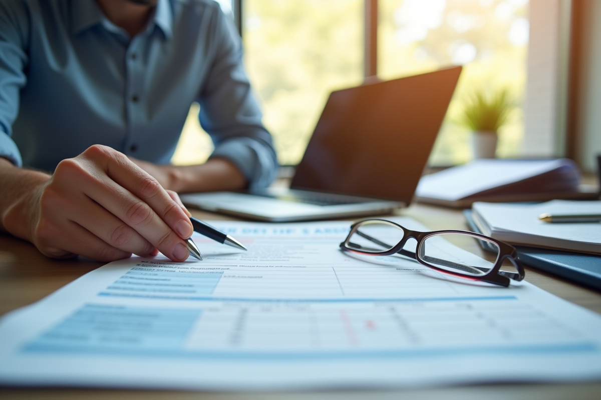 Main remplissant un formulaire de pension en bureau moderne