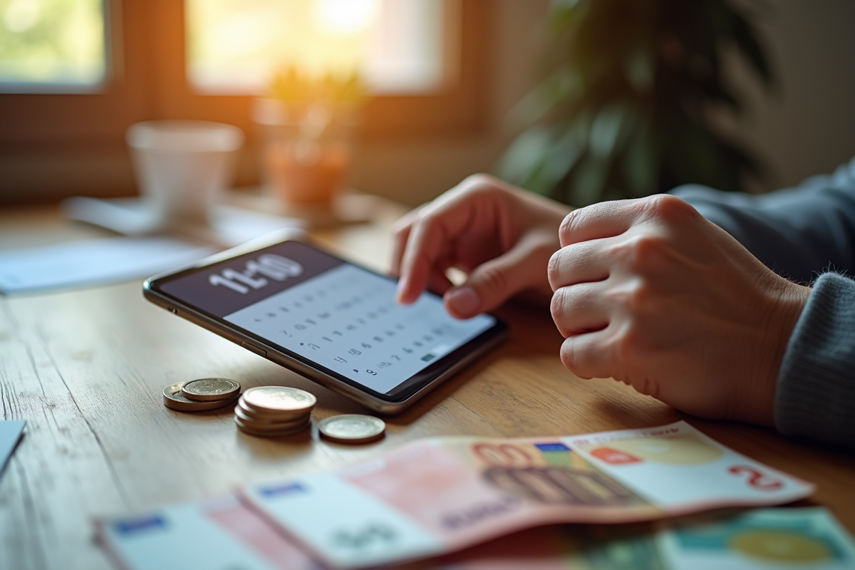 Deux mains avec smartphone et billets d euros sur une table en bois