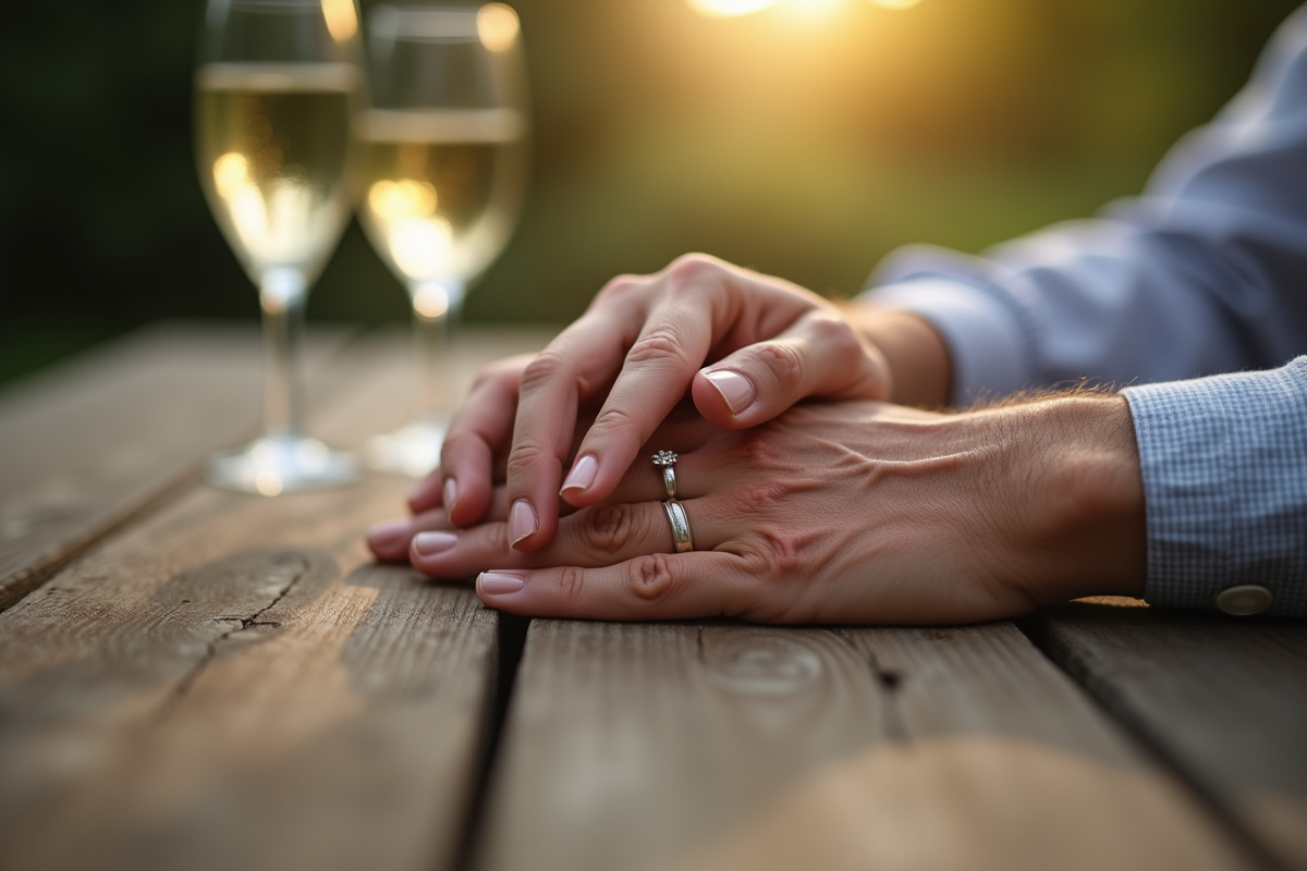 Mains d un couple âgé avec bagues reposant sur une table en bois