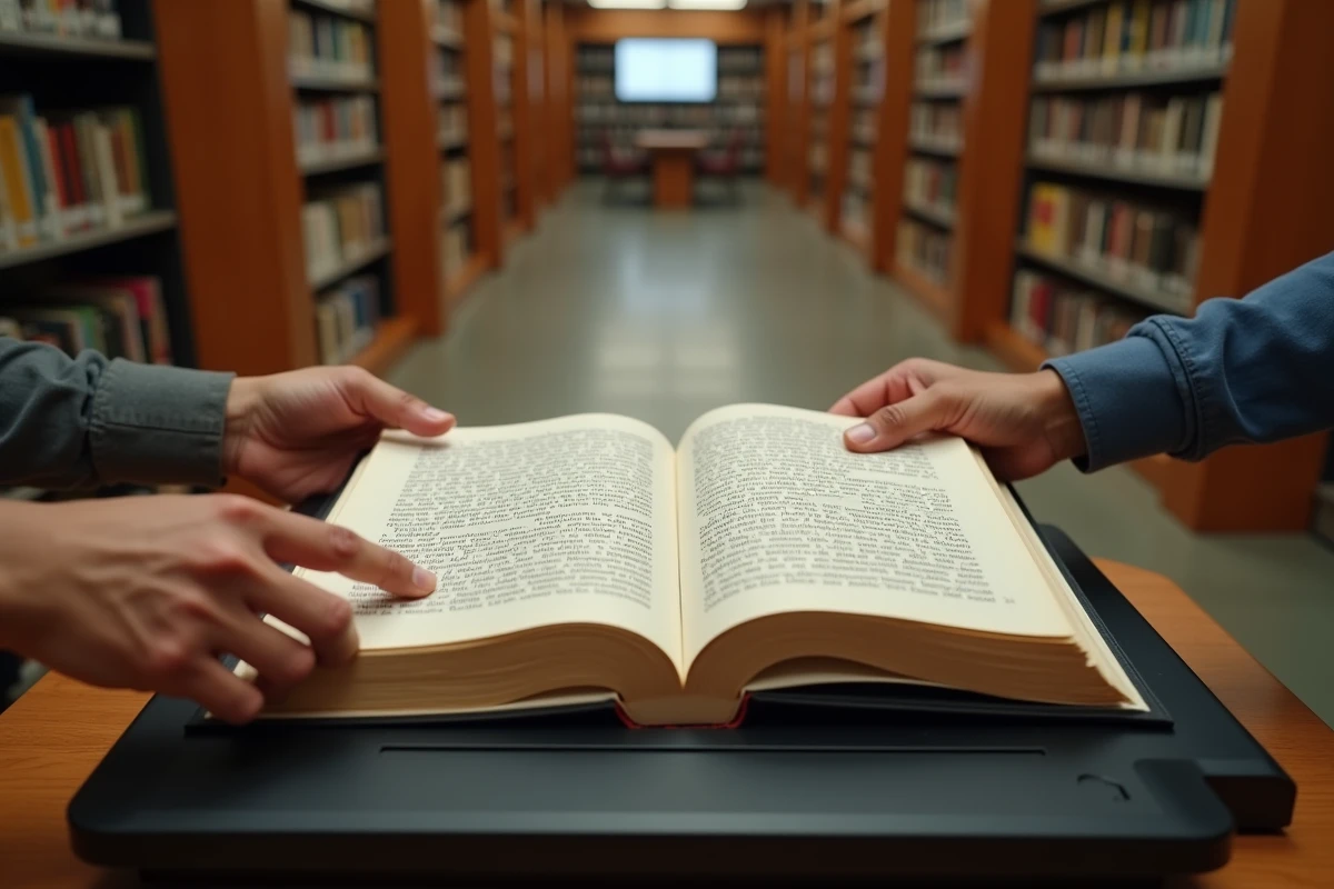 Gros plan de mains plaçant un livre ouvert sur un scanner à plat dans une bibliothèque universitaire