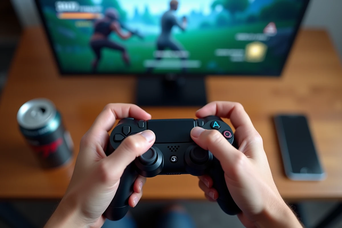 Gros plan de mains tenant une manette de jeu vidéo pour illustrer Fortnite en 2026