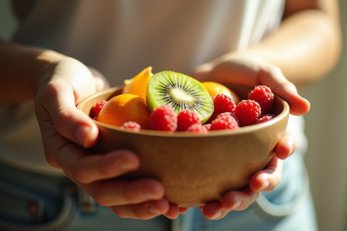 Mains tenant un bol de fruits riches en vitamine