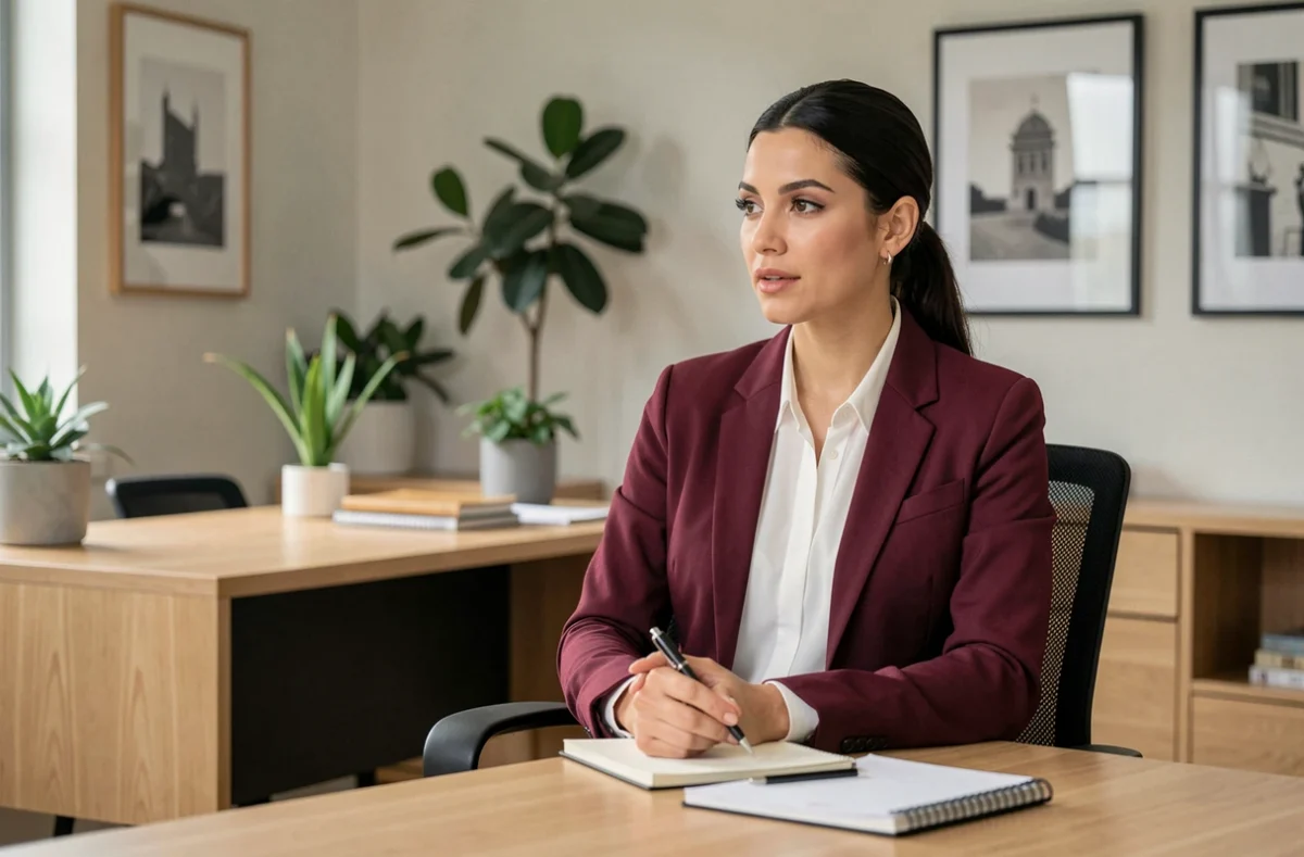 Maître Charlène Delecourt, avocate à Annecy, lors d'une consultation client dans un cabinet contemporain