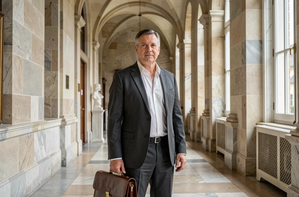 Maître Denis Verel, avocat à Annecy, en couloir d'édifice judiciaire avec sa mallette professionnelle