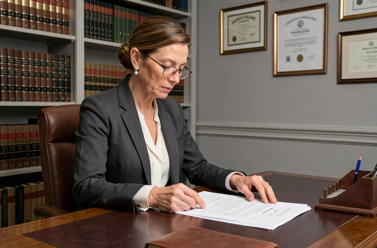 Maître Nathalie Carbiner, avocate à Annecy, examinant des documents juridiques à son bureau
