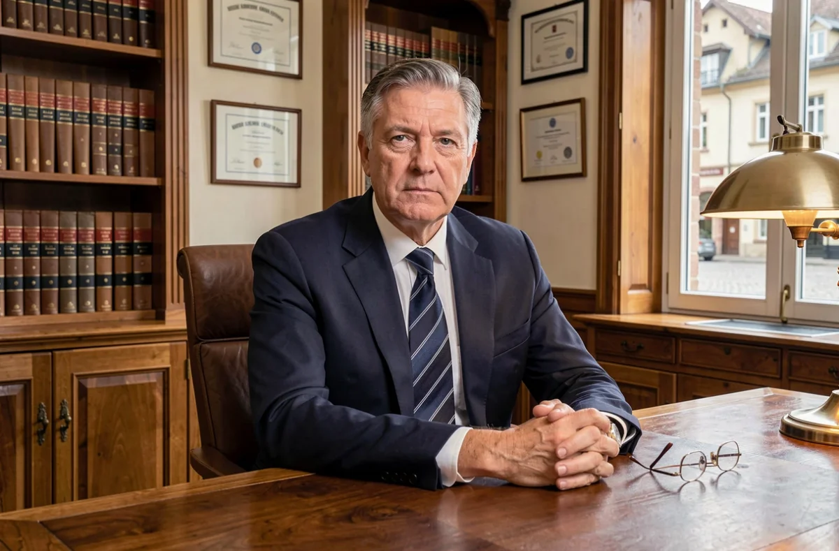 Maître Philippe Metral, avocat à Annecy, dans son bureau traditionnel avec mobilier en bois massif