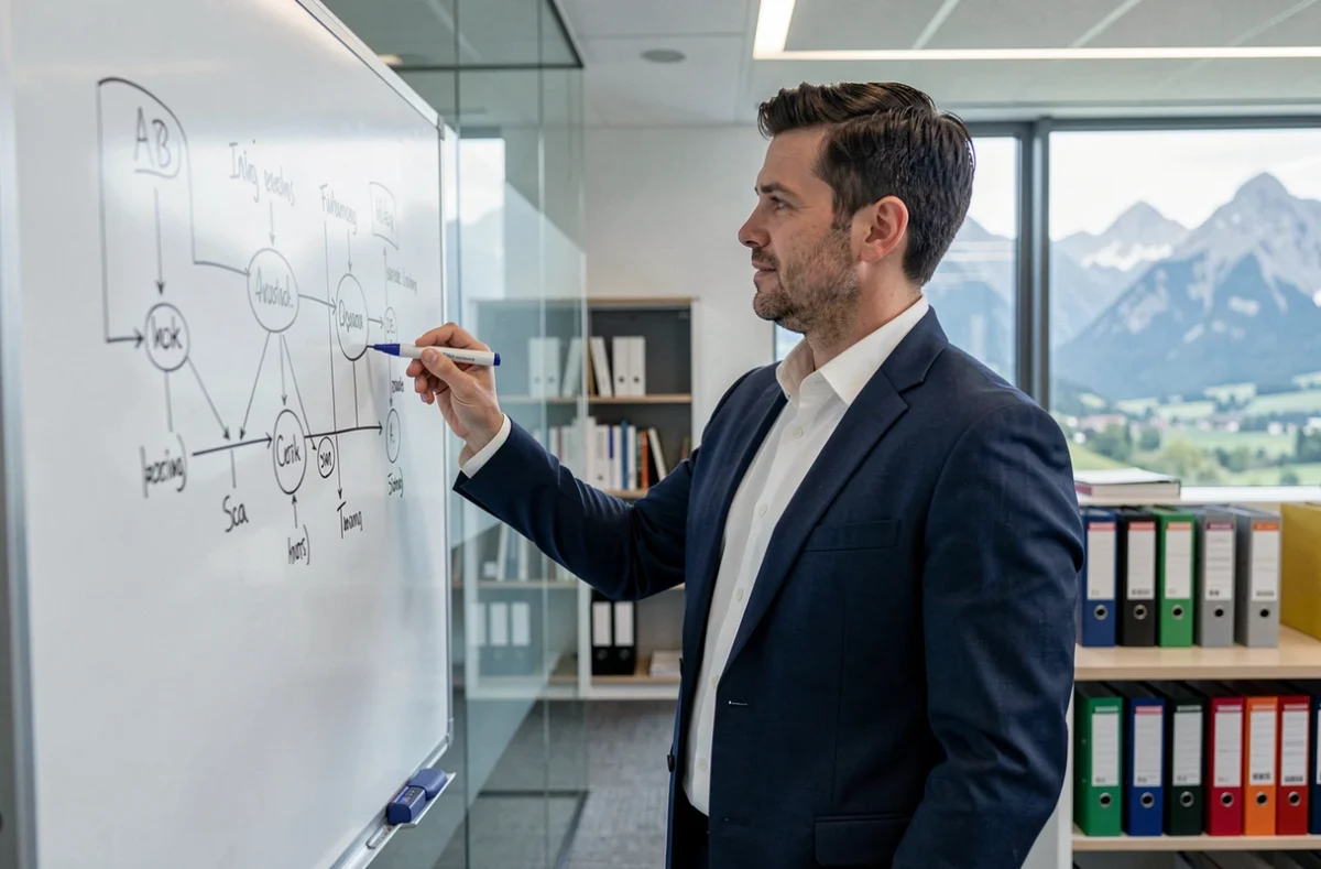 Maître Thomas Dunand, avocat à Annecy, annotant un tableau dans un cabinet juridique moderne
