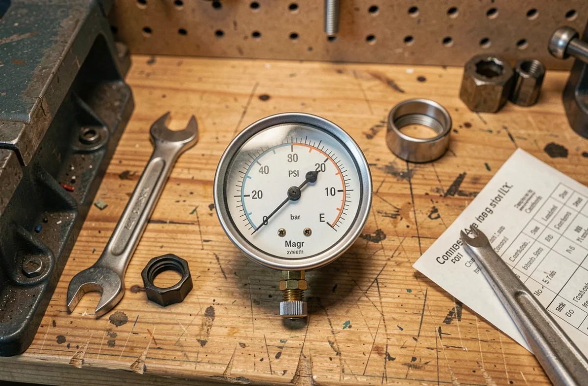 Gros plan sur un manomètre analogique double échelle PSI et bar posé sur un établi de garage avec outils mécaniques