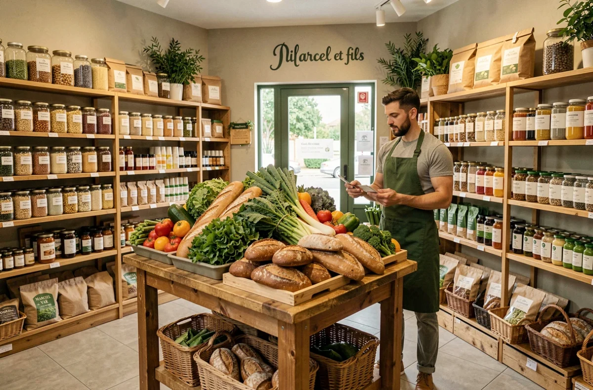 Intérieur du Marcel et fils à Ollioules avec ses tables de légumes bio locaux, pains artisanaux et rayons de produits naturels du Var