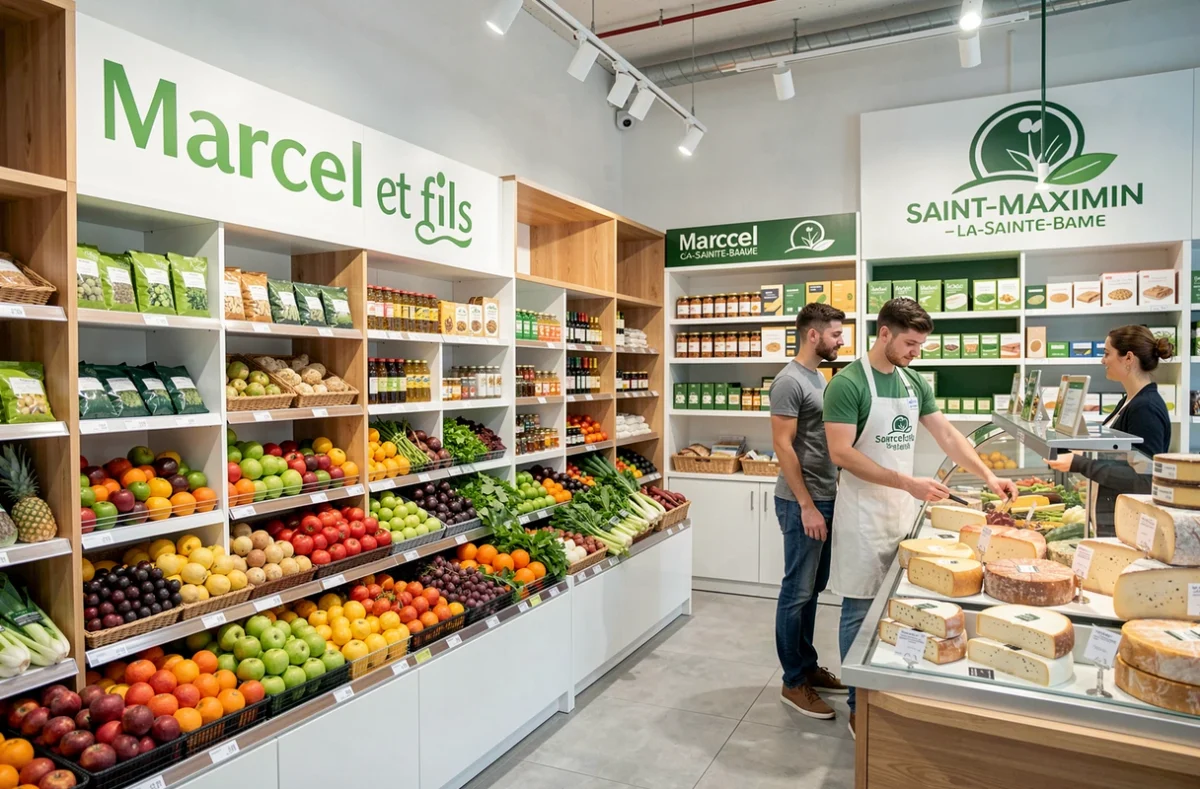 Magasin Marcel et fils à Saint-Maximin-la-Sainte-Baume avec ses rayons de produits bio frais et son ambiance moderne et naturelle