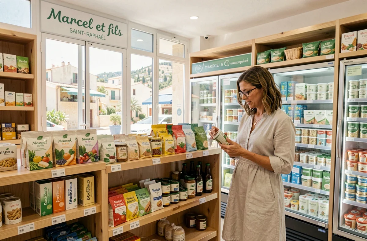 Intérieur du Marcel et fils à Saint-Raphaël avec ses rayons bio lumineux, section réfrigérée et ambiance côtière méditerranéenne