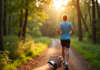 Personne sportive marchant dans la forêt avec tracker de fitness