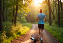 Personne sportive marchant dans la forêt avec tracker de fitness