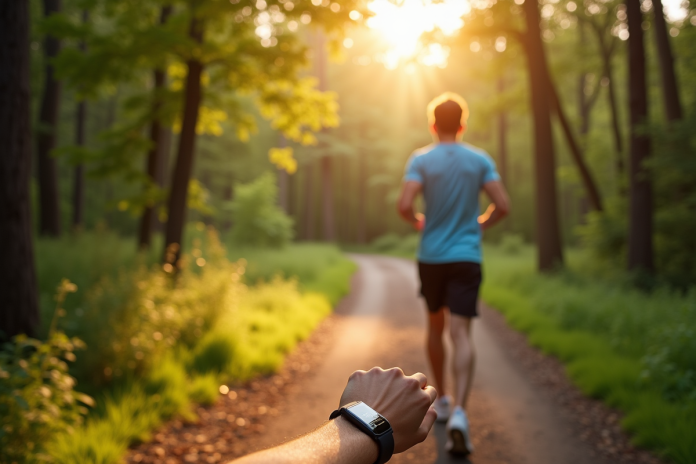 Personne sportive marchant dans la forêt avec tracker de fitness
