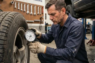 Mécanicien en atelier lisant une jauge de pression de pneu en PSI, conversion psi en bar pour la mécanique automobile