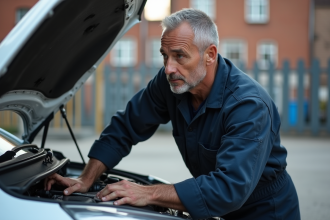 Mécanicien homme inspectant une petite voiture en ville