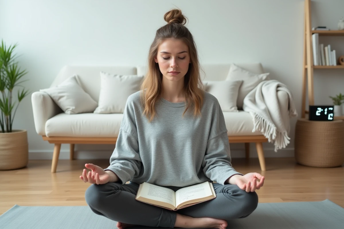 Jeune femme en méditation avec un journal et une horloge affichant 21h21, représentant la réflexion spirituelle sur les heures miroirs