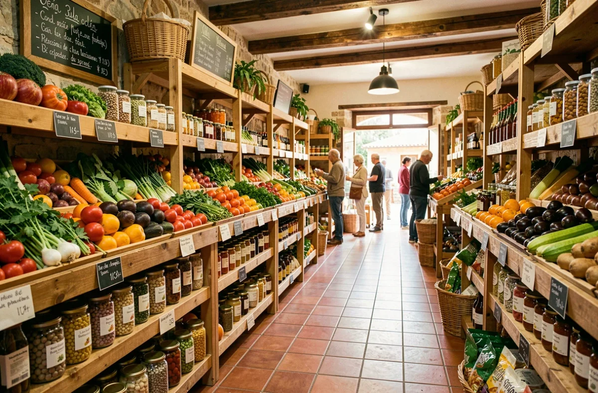 Intérieur coloré d'un magasin bio dans le Var avec des étagères en bois chargées de produits naturels, légumes frais et bocaux de légumineuses