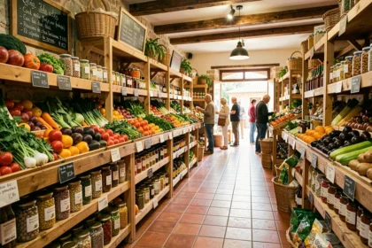 Intérieur coloré d'un magasin bio dans le Var avec des étagères en bois chargées de produits naturels, légumes frais et bocaux de légumineuses