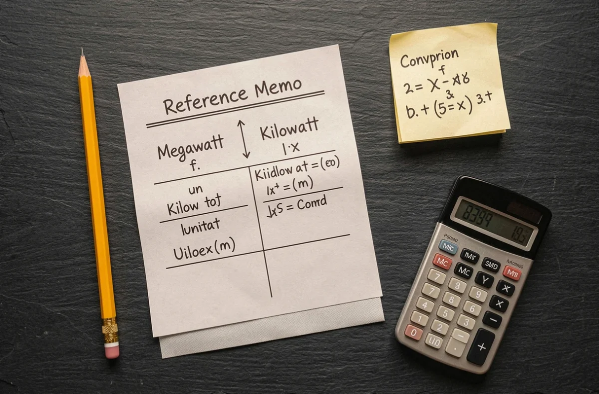 Mémo imprimé de conversion mégawatt kilowatt posé sur une surface en ardoise avec calculatrice et notes manuscrites