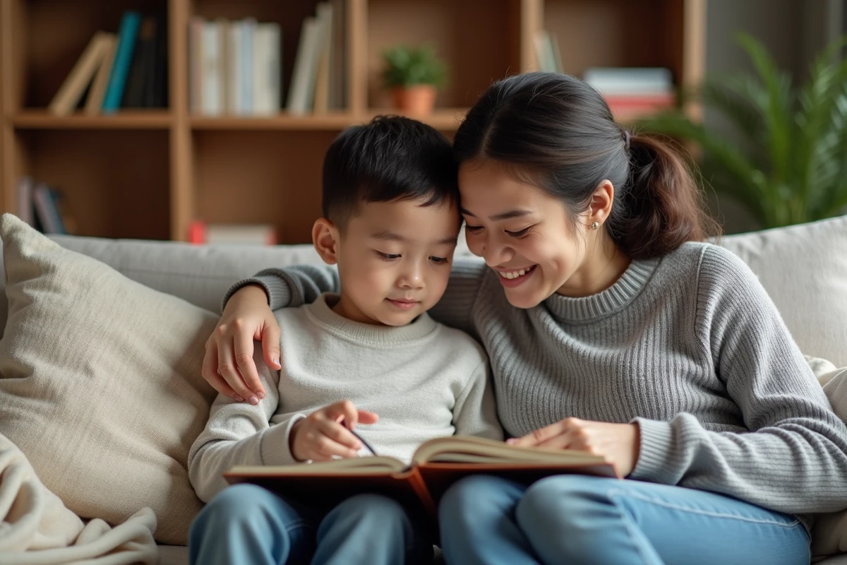 Mère accompagnant son jeune fils sensible dans la lecture, symbolisant le soutien parental d'un enfant à aura violette