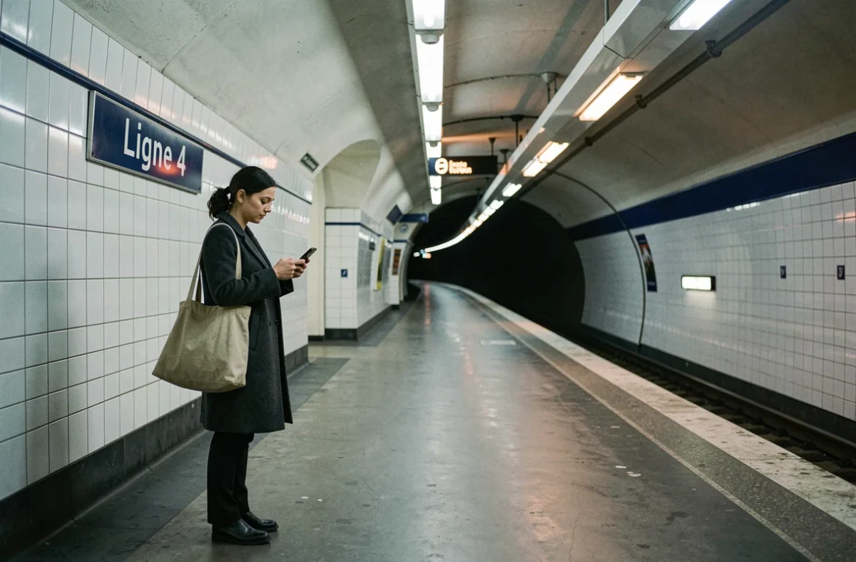Femme seule sur le quai du métro ligne 4 à Paris la nuit, attendant le dernier passage