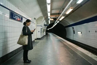 Femme seule sur le quai du métro ligne 4 à Paris la nuit, attendant le dernier passage