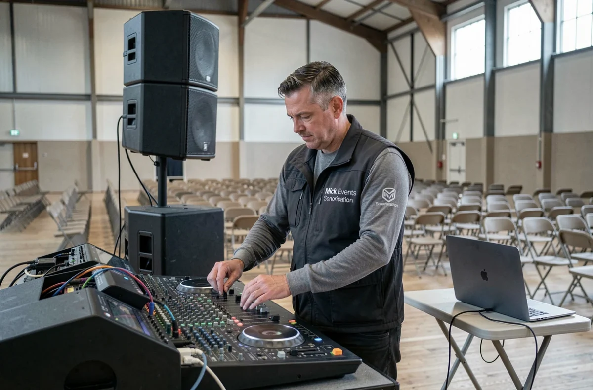 Technicien DJ de Mick Events Sonorisation installant du matériel audio professionnel pour un événement