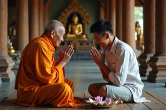 Un moine bouddhiste vénérable en robe safran reçoit un salut respectueux wai dans un temple thaïlandais en bois sculpté