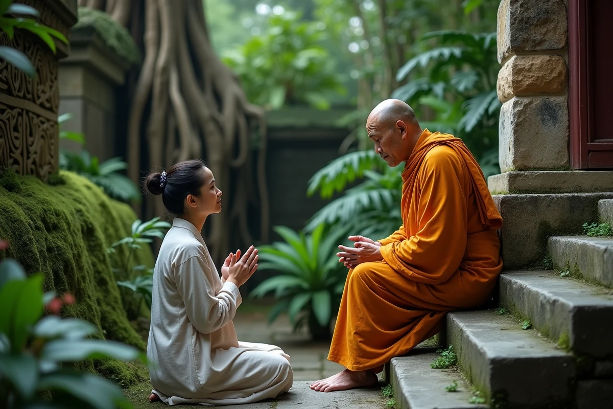 Un moine theravada en conversation respectueuse avec une femme agenouillée sur les marches d'un monastère entouré de végétation tropicale