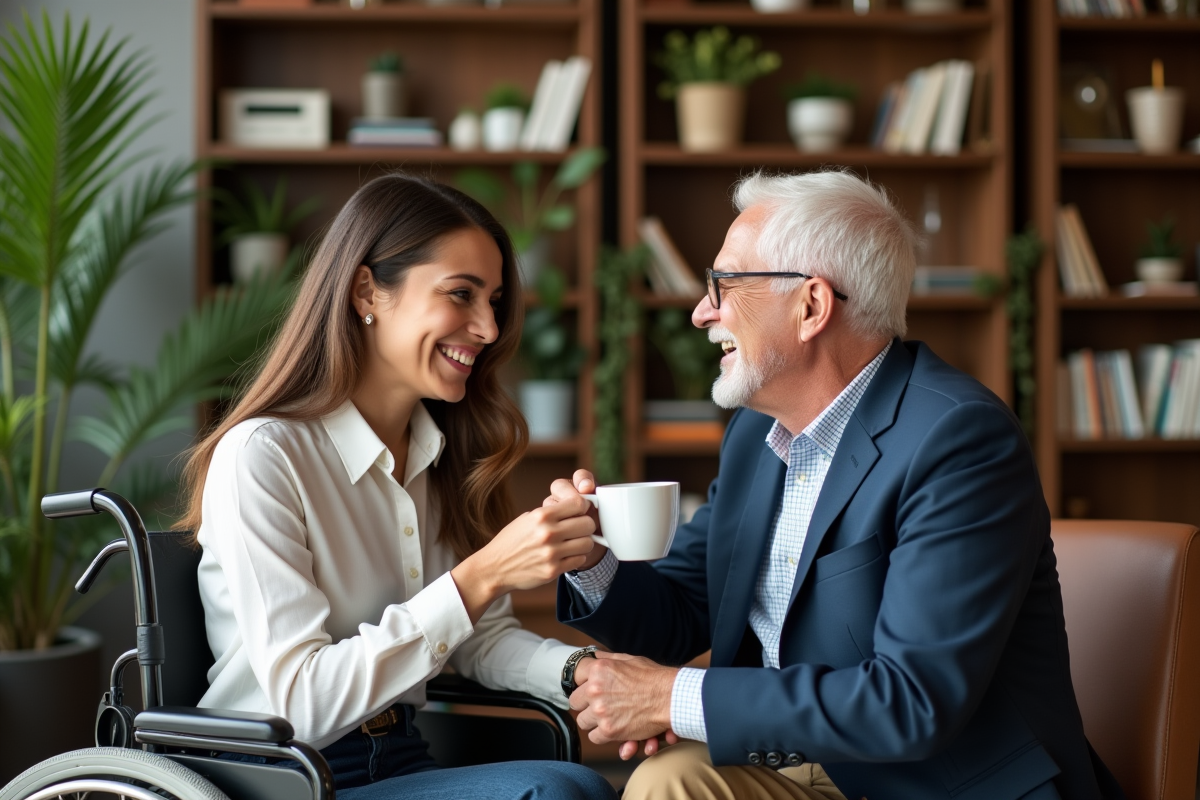 Jeune femme en fauteuil partage un café avec un homme âgé