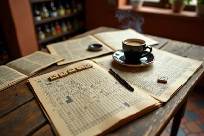 Mots croisés italiens posés sur une table de café avec une tasse d'espresso et des tuiles de lettres évoquant des villes italiennes en 4 lettres