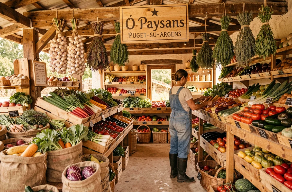 Boutique paysanne Ô Paysans à Puget-sur-Argens avec ses caisses de légumes locaux, herbes séchées et ambiance de ferme provençale authentique