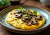 Omelette aux girolles sur assiette rustique en matinée