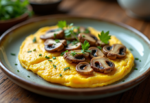 Omelette aux girolles sur assiette rustique en matinée