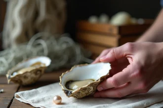 Mains ouvrant une huître fraîche pour découvrir une perle naturelle posée sur un tissu de lin, ambiance atelier côtier
