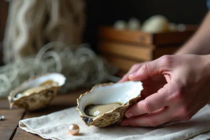 Mains ouvrant une huître fraîche pour découvrir une perle naturelle posée sur un tissu de lin, ambiance atelier côtier
