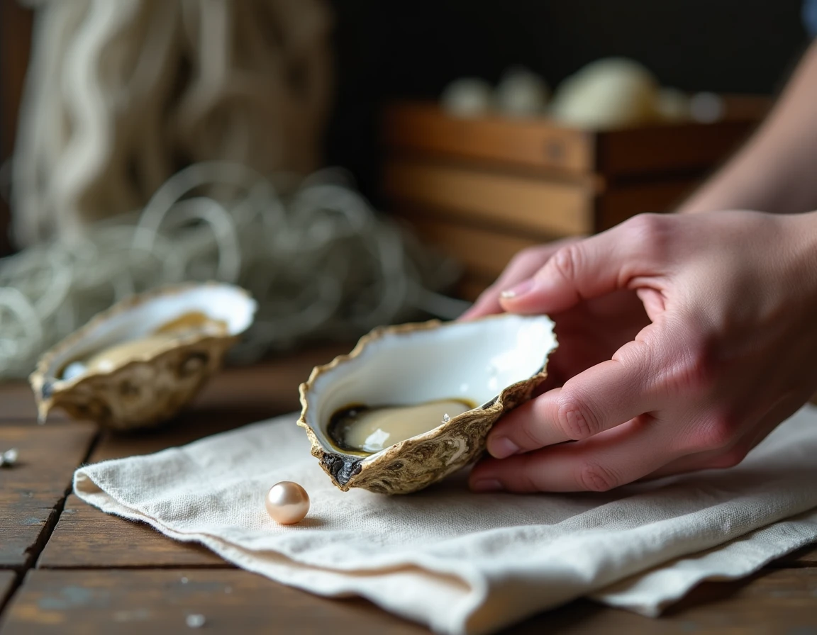 Mains ouvrant une huître fraîche pour découvrir une perle naturelle posée sur un tissu de lin, ambiance atelier côtier