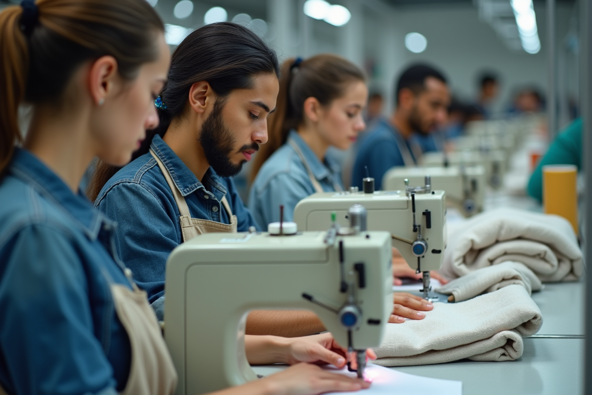 Groupe de jeunes ouvriers textiles à la machine dans une usine
