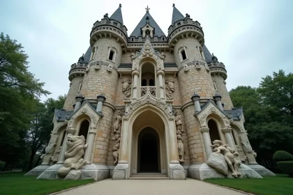 Vue en contre-plongée de la façade principale du Palais Idéal du Facteur Cheval avec ses sculptures en pierre détaillées et son jardin verdoyant