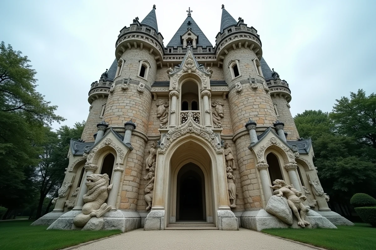 Vue en contre-plongée de la façade principale du Palais Idéal du Facteur Cheval avec ses sculptures en pierre détaillées et son jardin verdoyant