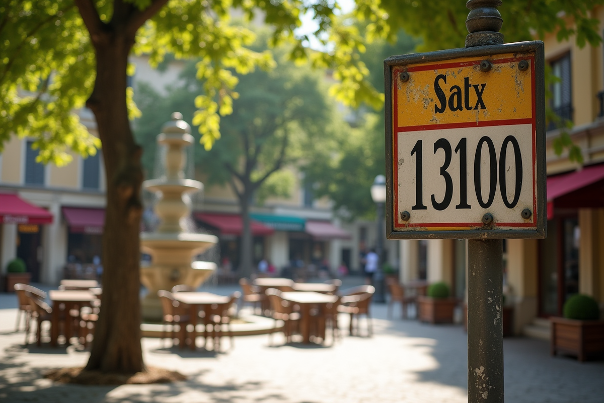 Panneau indiquant le code postal 13100 dans une place ensoleillée à Aix en Provence