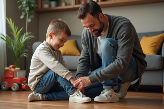 Père aidant son fils à nouer ses chaussures dans le salon