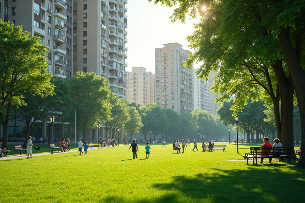 Parc urbain paisible avec enfants et personnes âgées