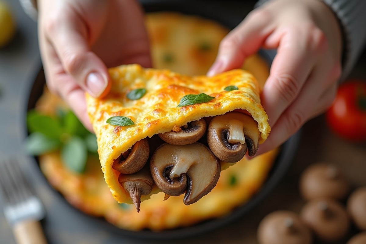 Partage d une omelette aux girolles en gros plan