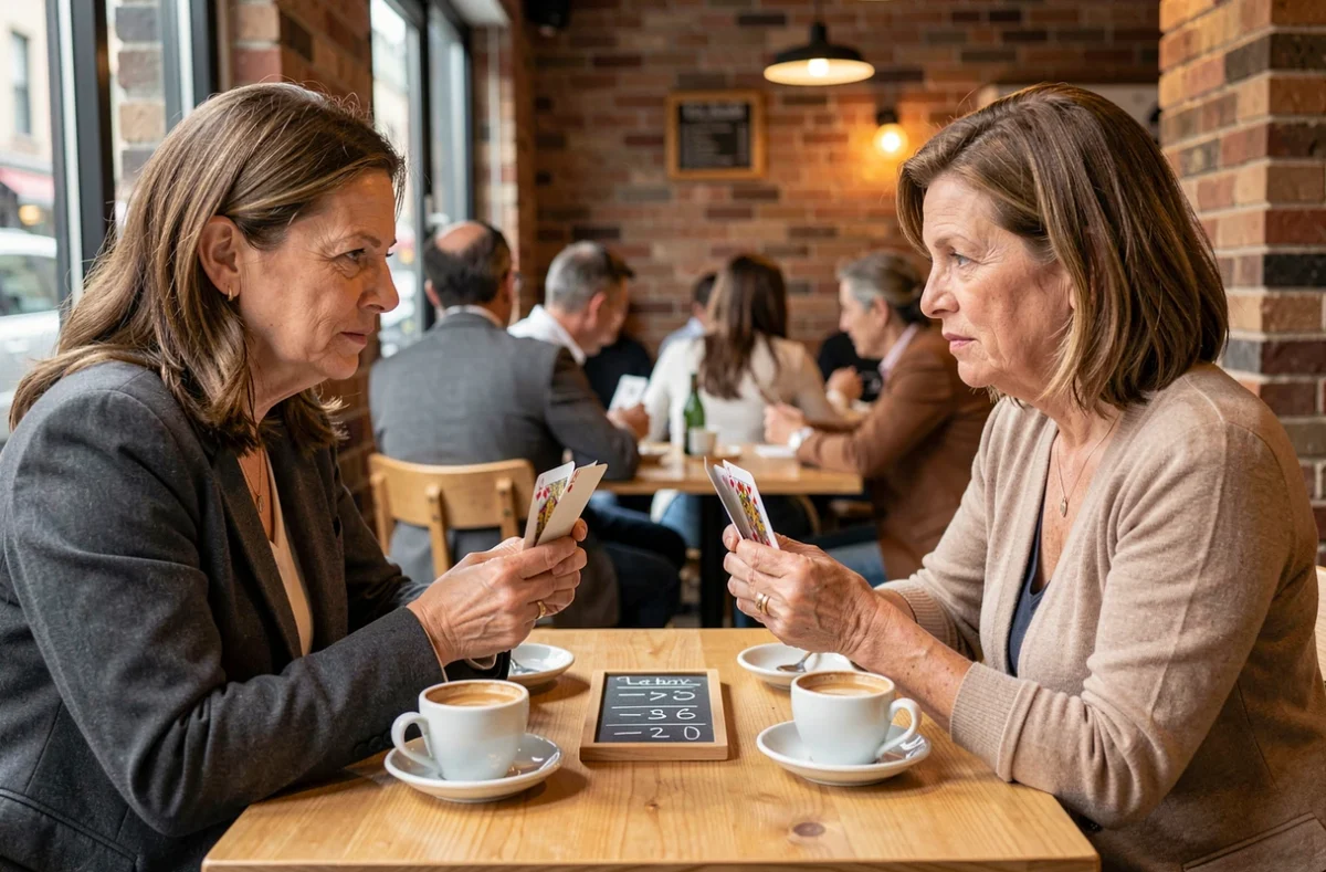 Deux femmes jouant à la coinche dans un café avec des cartes et un tableau de score