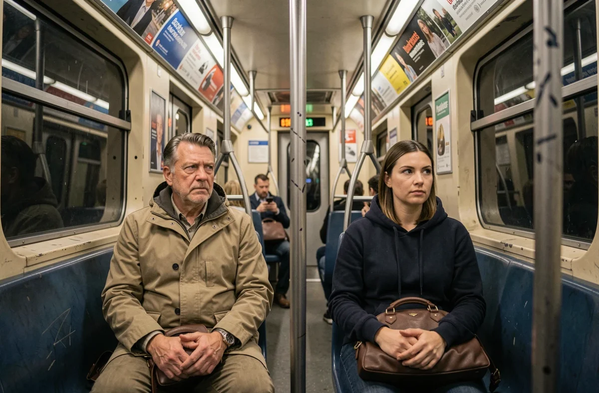 Passagers dans une rame du métro parisien ligne 4 en fin de soirée, intérieur réaliste