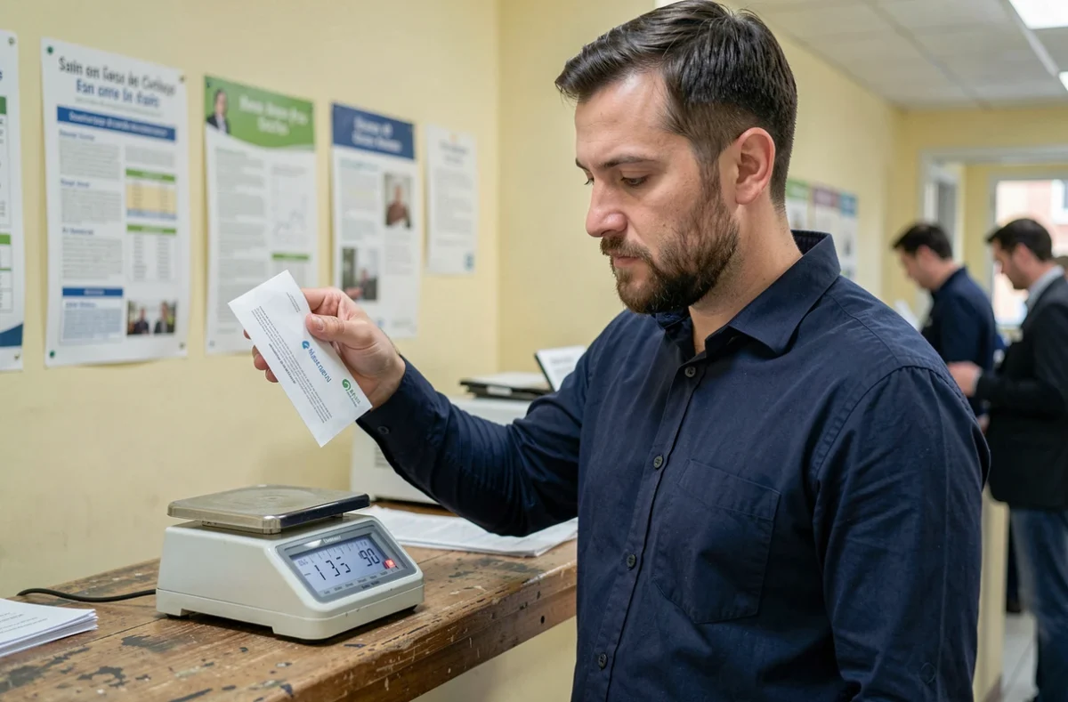 Homme pesant une enveloppe sur une balance dans un bureau de poste pour choisir le bon timbre