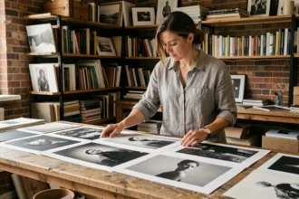 Photographe féminine examinant des tirages noir et blanc avec des erreurs de tonalité sur une table en bois dans un studio photo